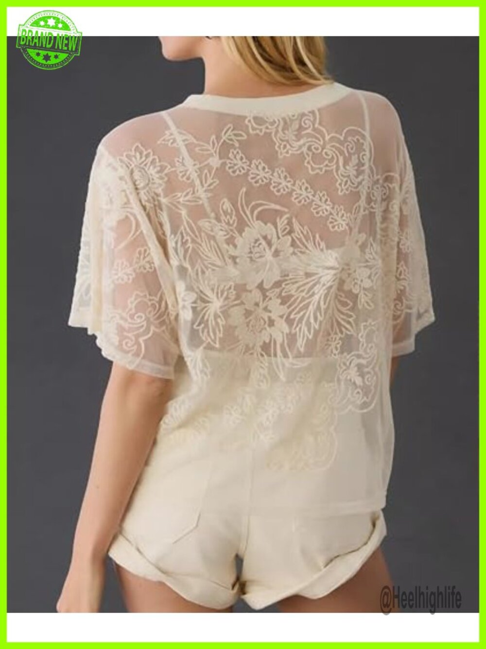 Sheer Mesh Lace Blouse Women Sexy Short Sleeve Floral - Picture 3 of 6